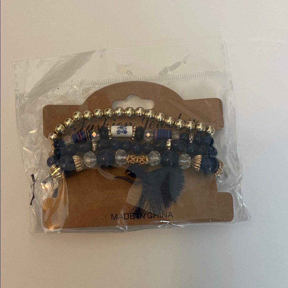 Blue and Gold Beaded Bracelet Set